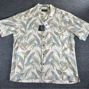 NEW OP Cream and Green Casual Button Down Hawaiian Short Washable Silk
